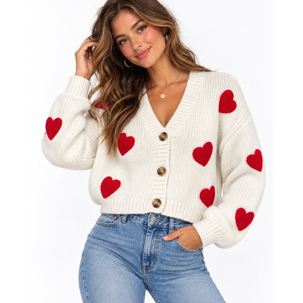 Luna Ivy S Heart Cardigan Sweater White Red Coquette Y2K Valentine Romantic Cute